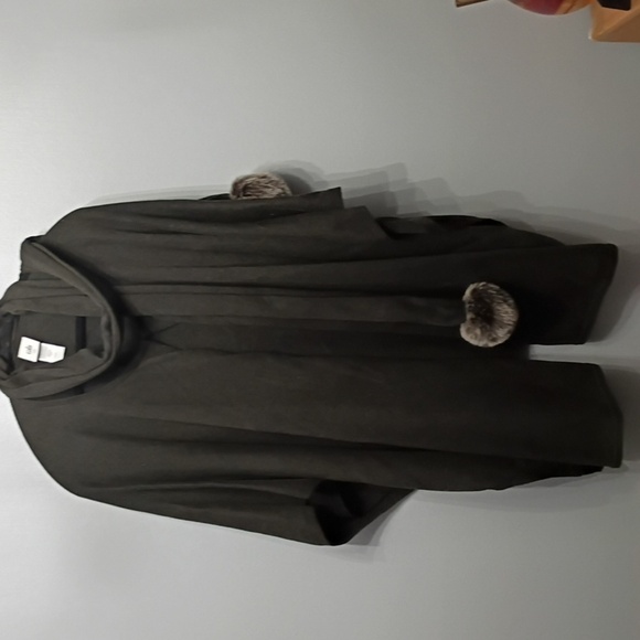 CAbi Dark Olive Majestic Cardigan Poncho with Pom Poms One size - Picture 6 of 8